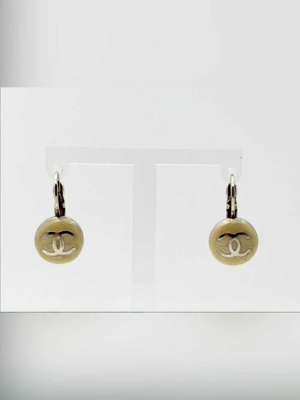 CHANEL 07A Ivory Round Hook Cream Resin Drop Earrings with Gold Accents